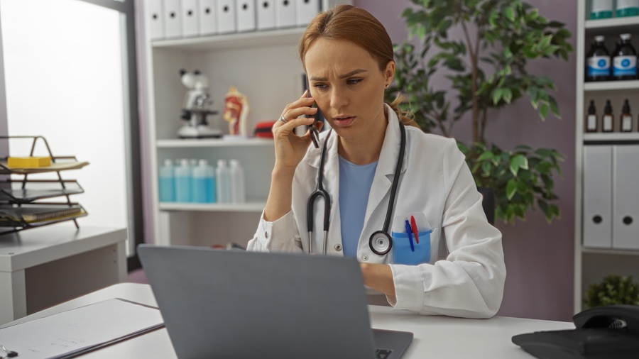 Woman,Doctor,With,Stethoscope,Talks,On,Cellphone,While,Working,On
